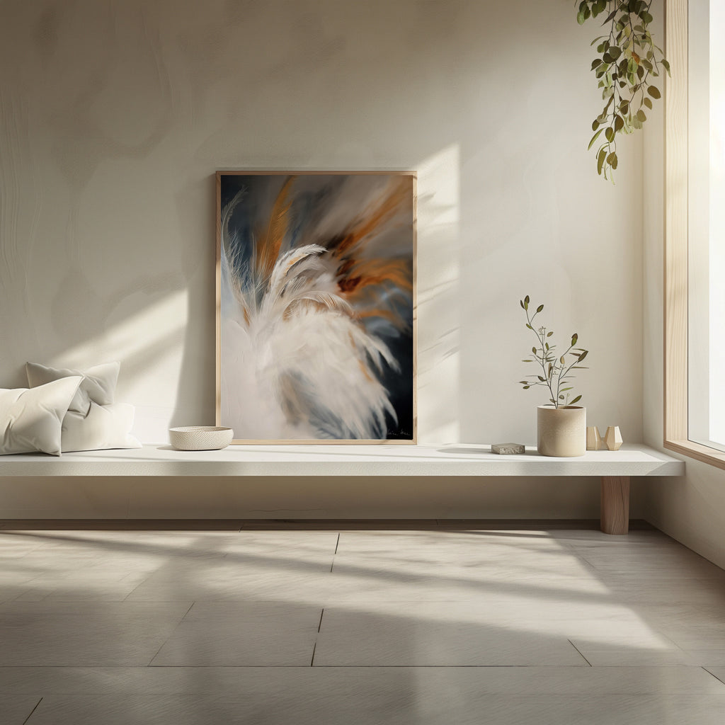 Aerial Gestures 11 abstract feather artwork interior wall mockup
