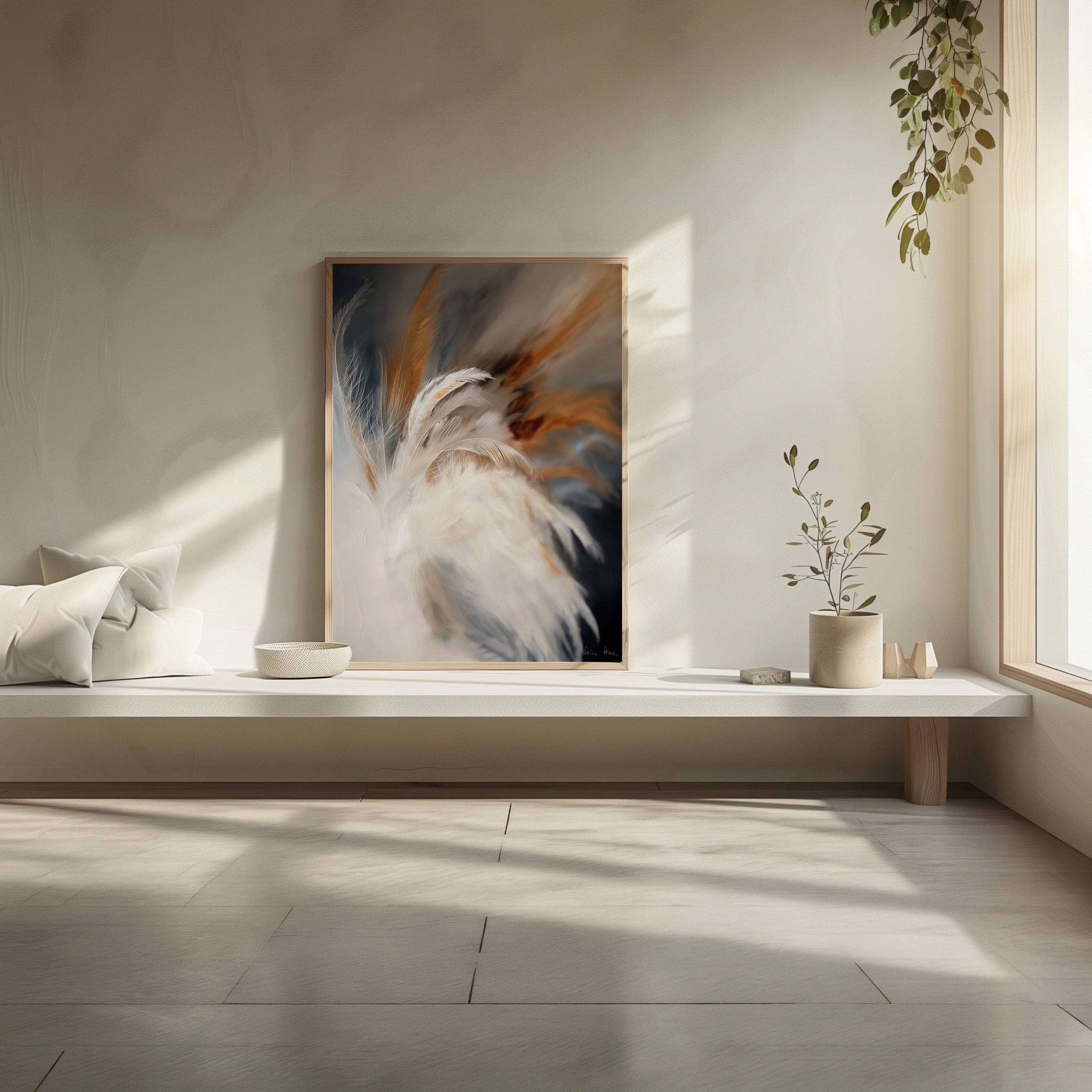 Aerial Gestures 11 abstract feather artwork interior wall mockup